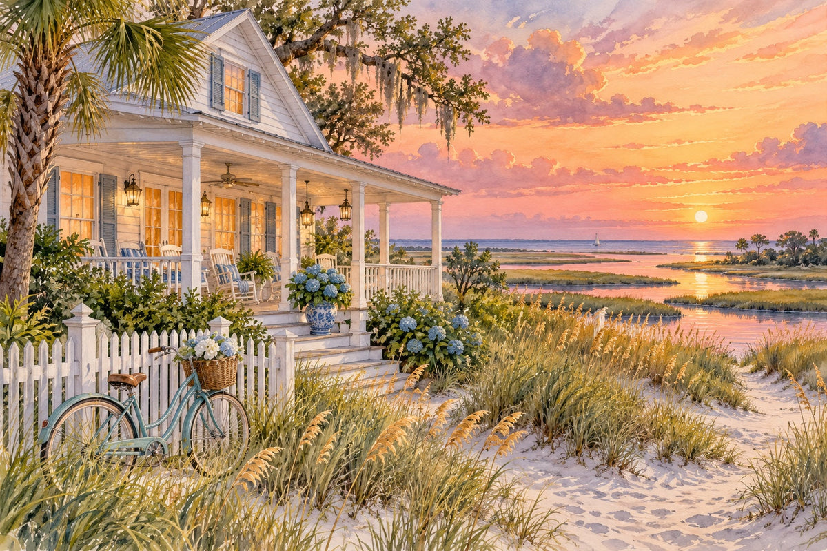South Carolina Sunsets series by Rachel Hanna: a white Lowcountry beach cottage with a front porch, sea oats and a bicycle at sunset over the marsh