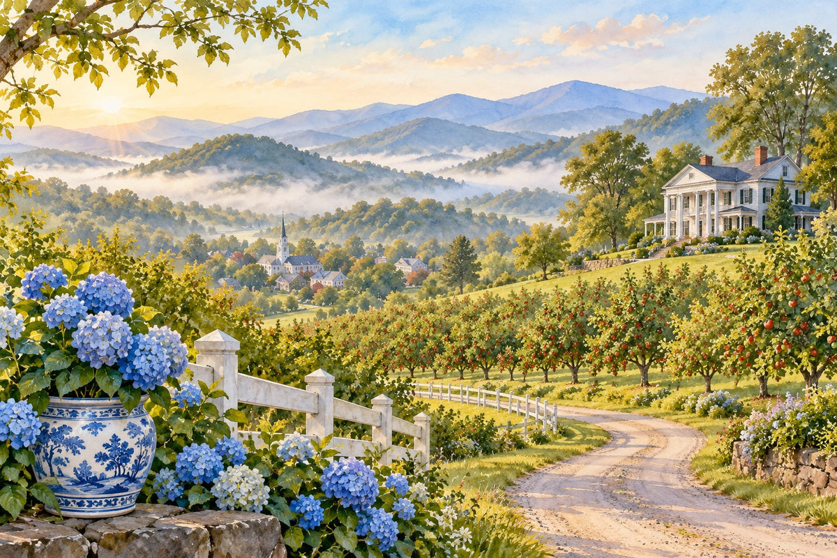 Whiskey Ridge series by Rachel Hanna: a white columned house above an apple orchard with a small mountain town and misty Blue Ridge hills