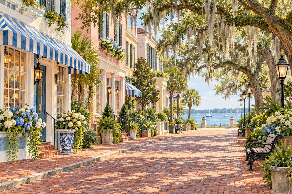 A brick main street in a small coastal Georgia town, with pastel shops, blue striped awnings, live oaks draped in Spanish moss and sailboats on the water beyond