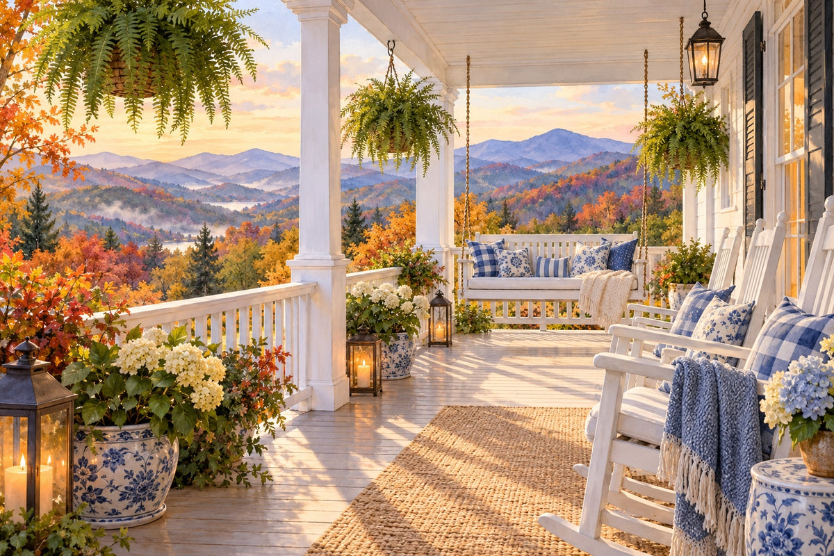 The porch of a white country inn with rocking chairs, a porch swing with blue and white pillows, hanging ferns and autumn mountains in the distance