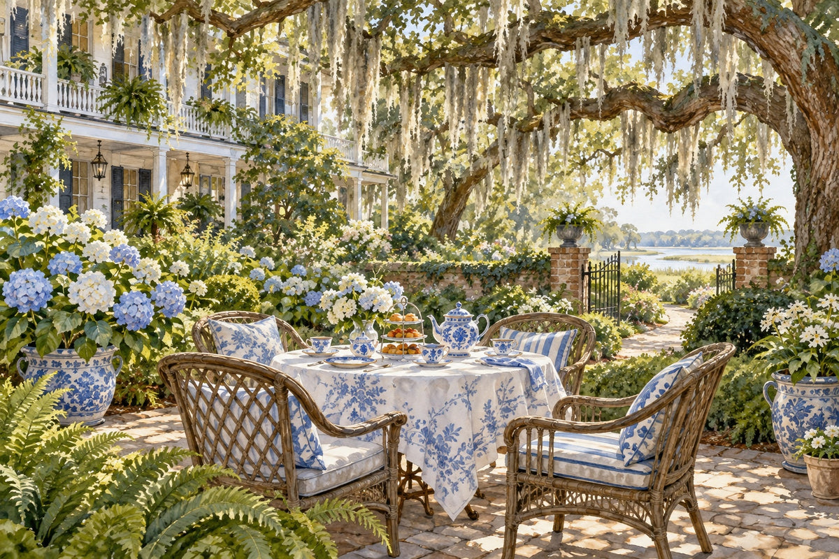 A table set for afternoon tea with a blue and white tea set under live oaks and Spanish moss, in the garden of an old South Carolina inn beside the marsh