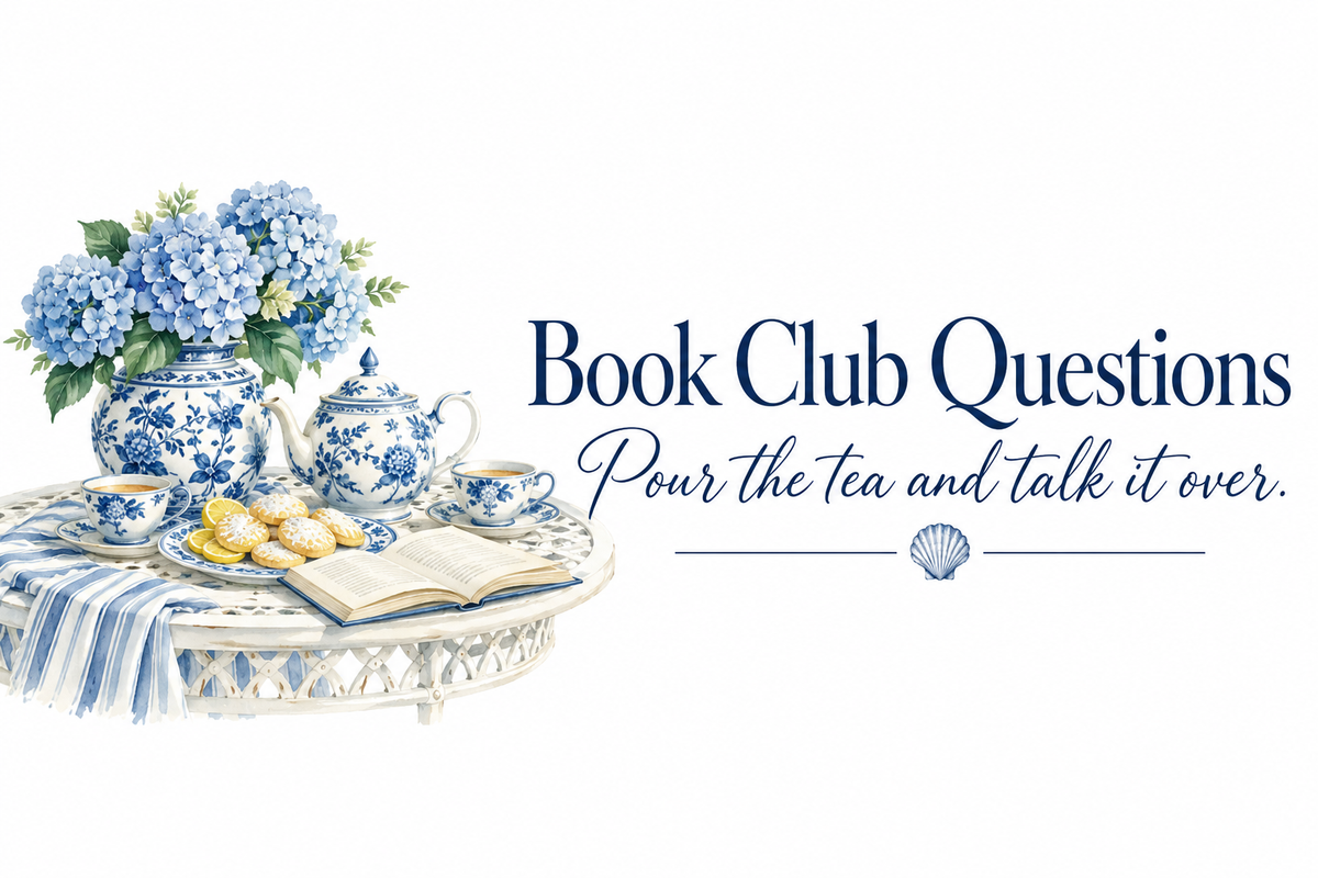 Book Club Questions. Pour the tea and talk it over. A blue and white teapot and teacups, lemon cookies, an open book and blue hydrangeas on a white porch table