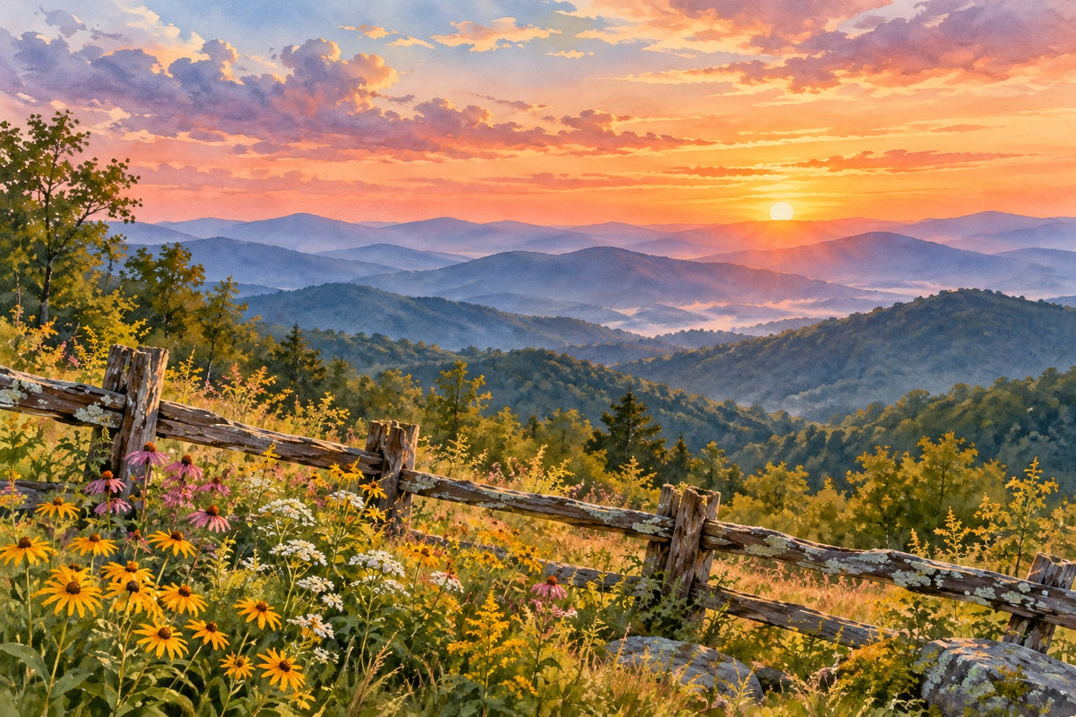 The Blue Ridge Mountains of North Georgia at sunset, with layered blue ridges, a split-rail fence and wildflowers in the foreground