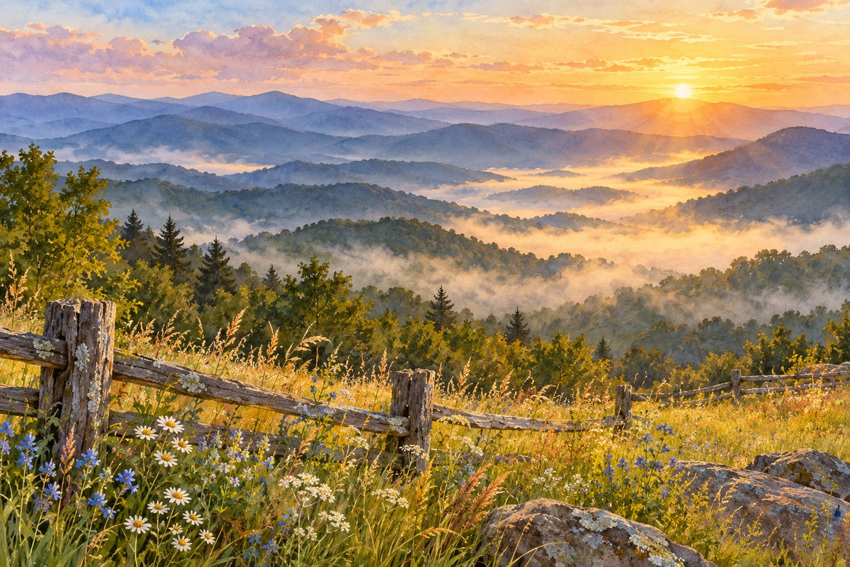 Sunrise over a Blue Ridge Mountain ridgeline, with mist in the valleys, a weathered wooden fence and wildflowers in tall grass