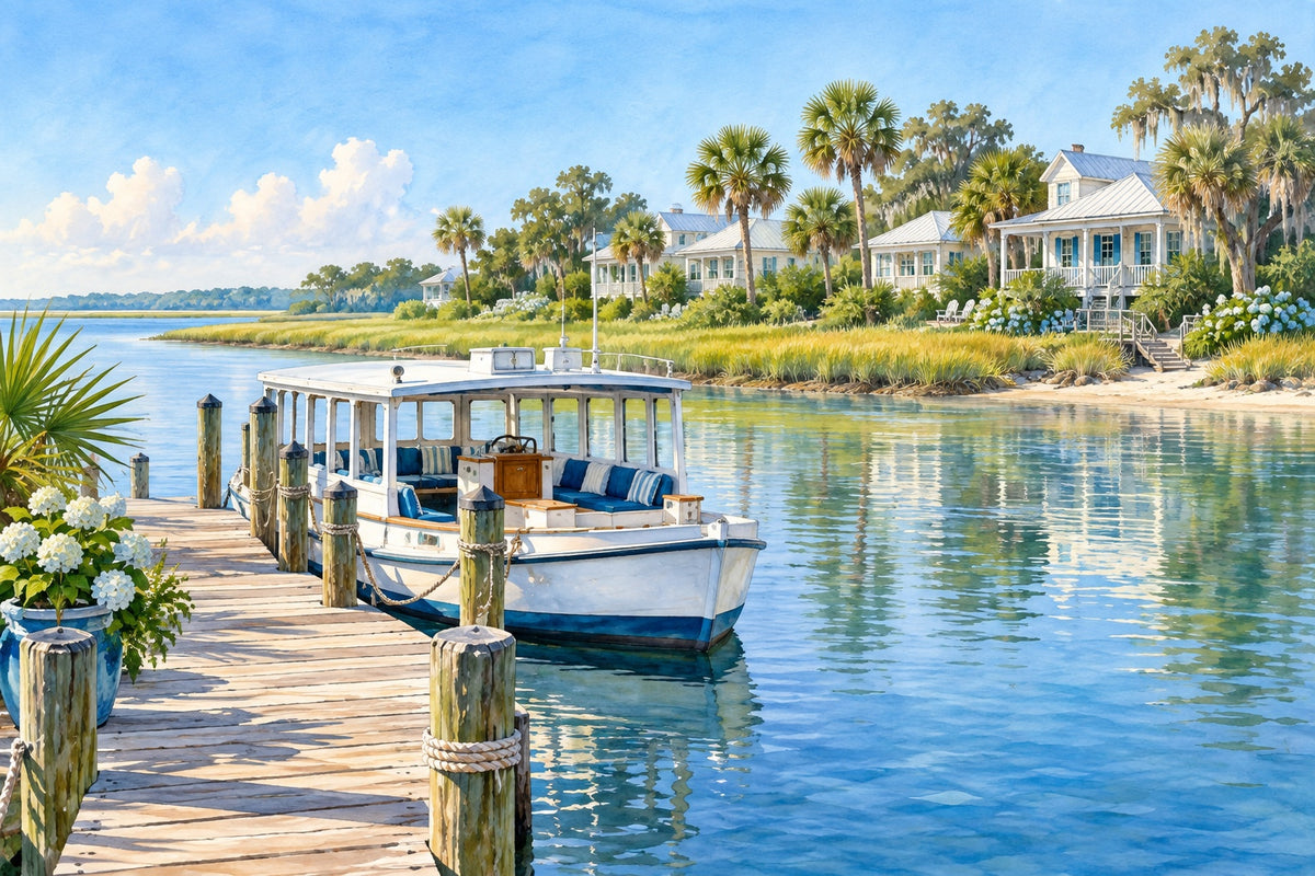 A small white ferry boat at a wooden dock, with palmetto trees and white cottages on the shore of a South Carolina island