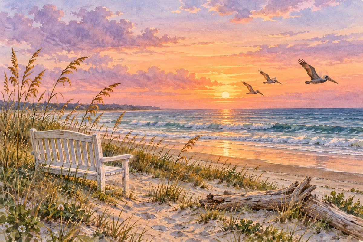 A white bench in the sea oats on a quiet island beach at sunset, with pelicans gliding over the waves and a lavender and peach sky
