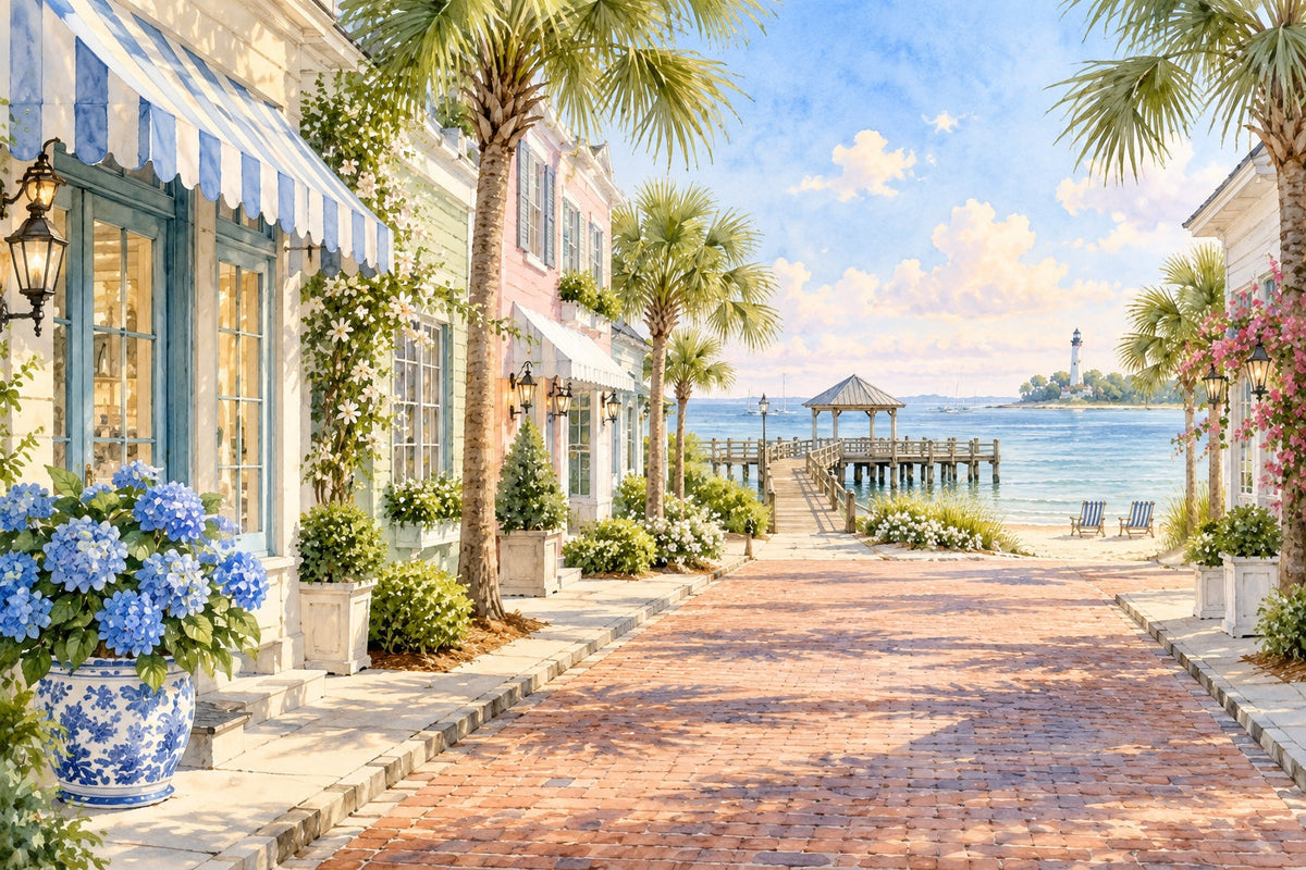 January Cove series by Rachel Hanna: pastel shops on a brick main street leading to a pier, palm trees and a lighthouse on the Georgia coast