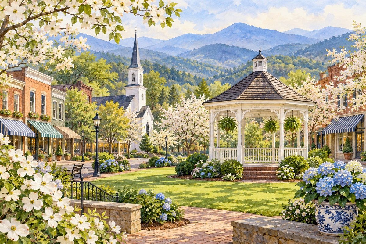 Jubilee series by Rachel Hanna: a small mountain town square with a white gazebo, church steeple and blooming dogwoods in the Blue Ridge