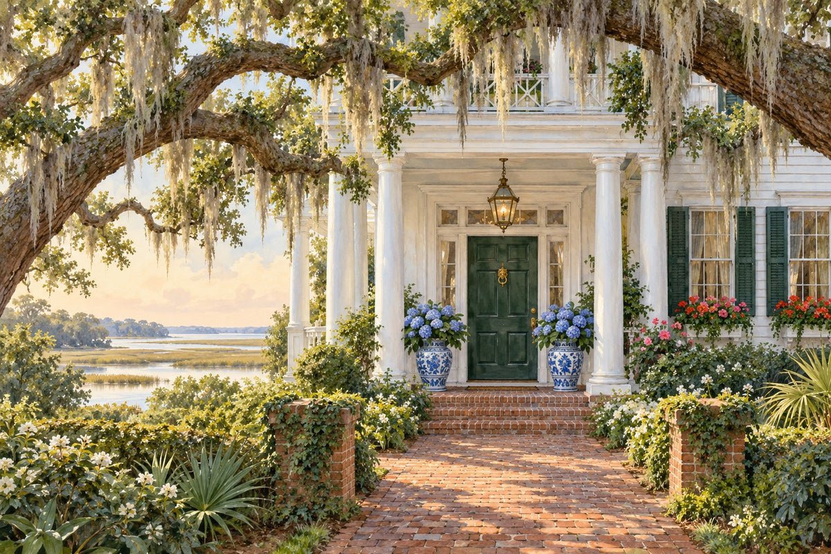 The Lowcountry Ladies Club series by Rachel Hanna: a white Southern inn with a green front door, hydrangeas and live oaks draped in Spanish moss beside the marsh