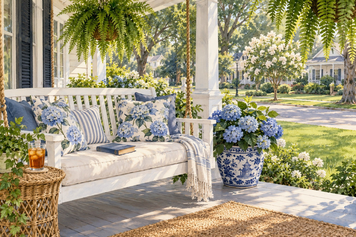 Standalone novels by Rachel Hanna: a white porch swing with hydrangea pillows, an open book and a glass of sweet tea on a Southern front porch