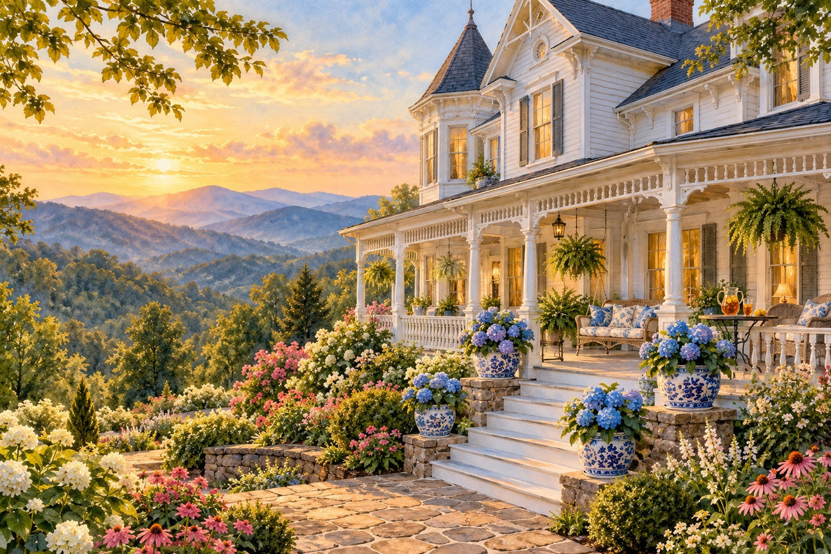 Sweet Tea B&B series by Rachel Hanna: a white Victorian bed and breakfast with a wraparound porch and hydrangeas in the Blue Ridge Mountains at sunset