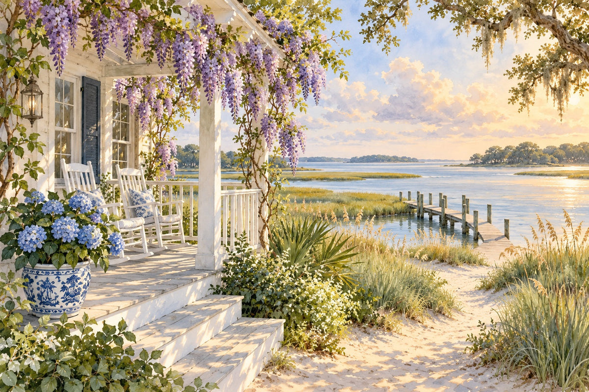 Wisteria Island series by Rachel Hanna: rocking chairs on a cottage porch draped in purple wisteria, with a dock and marsh on the South Carolina coast