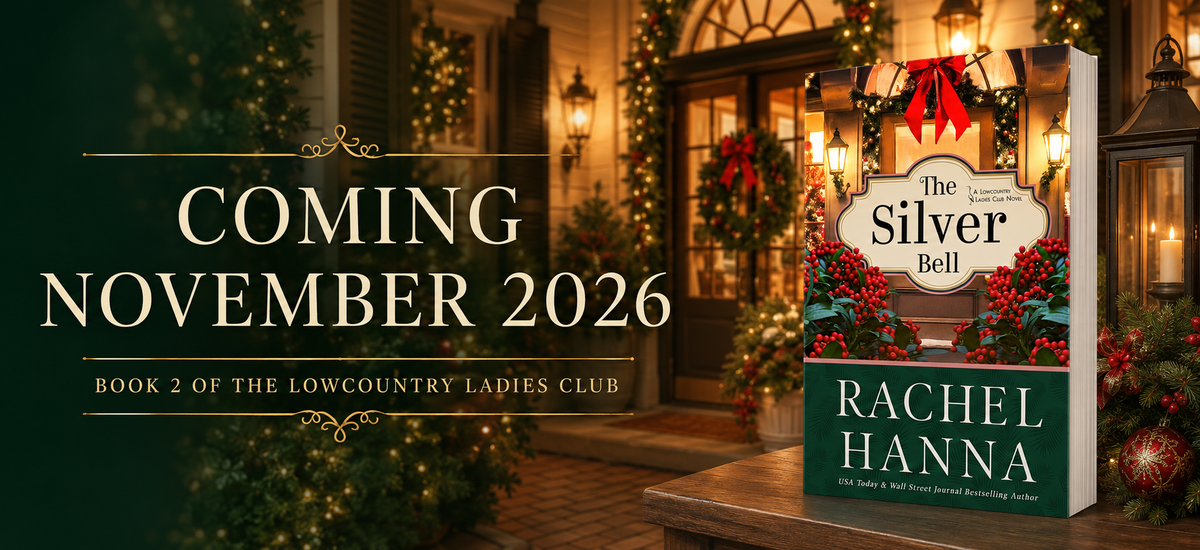 The Silver Bell by Rachel Hanna, coming November 2026. Book 2 of The Lowcountry Ladies Club. The paperback on a porch decorated for Christmas