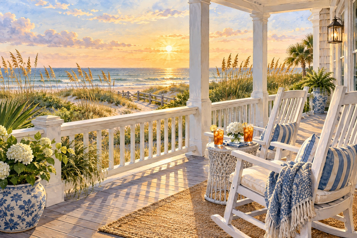 Two white rocking chairs and glasses of sweet tea on a beach cottage porch, looking over sea oats and dunes to the ocean in late afternoon light
