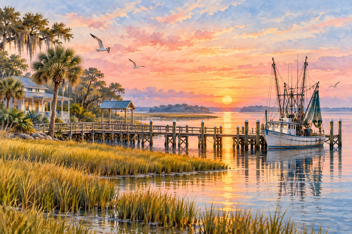 A shrimp boat tied at a long wooden pier on the Georgia coast at sunrise, with golden marsh grass, gulls and a pink and blue sky