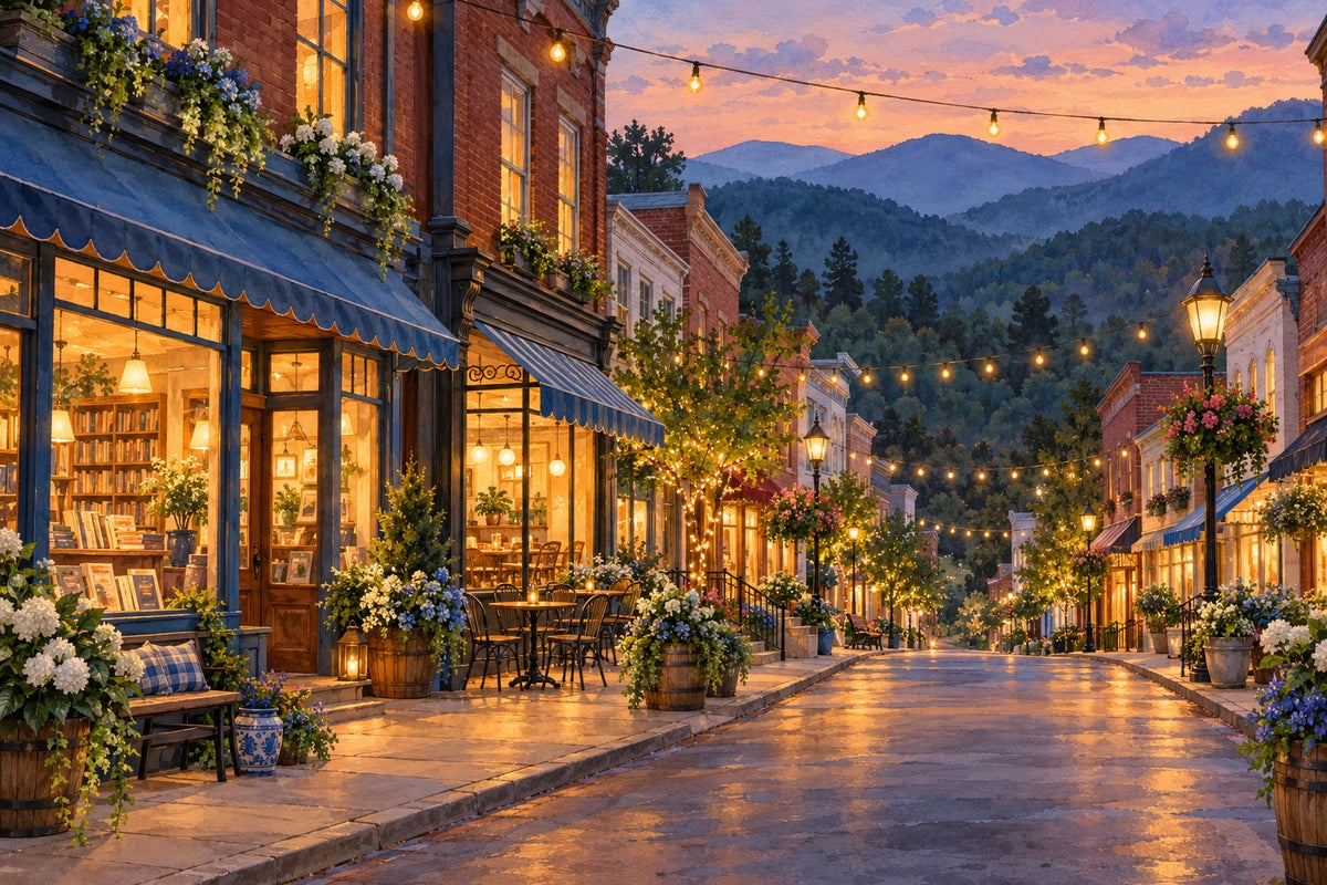 A cozy mountain town main street at dusk, with a bookshop and cafe glowing under string lights, flower barrels on the sidewalk and mountains behind