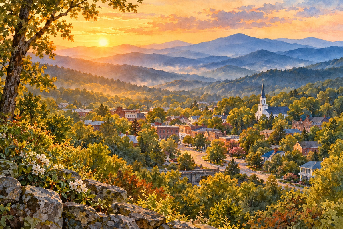 A small Blue Ridge Mountain town seen from a hillside at golden hour, with a white church steeple, rooftops among the trees and layered blue mountains