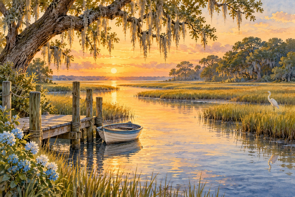 A rowboat tied to a small wooden dock on a Lowcountry tidal creek at golden hour, with marsh grass, an egret and a live oak draped in Spanish moss