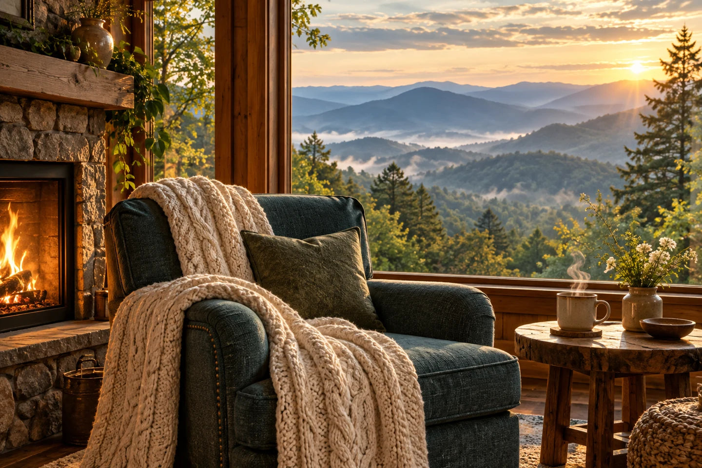 A cozy imagined mountain reading nook with a soft blanket, warm tea, and a view of the Blue Ridge