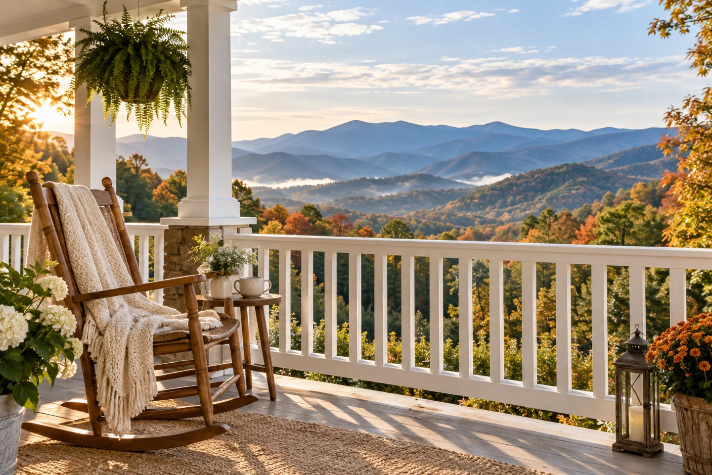 An imagined Blue Ridge porch with a rocking chair, tea, and mountains in the distance