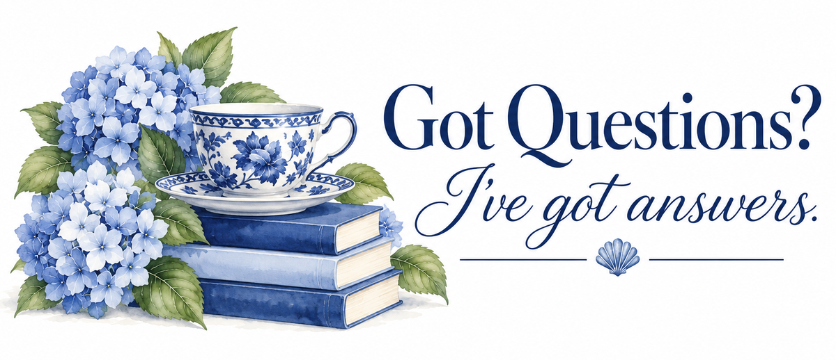 Got Questions? I've got answers. A blue and white teacup on a stack of books with blue hydrangeas, for Rachel Hanna's frequently asked questions