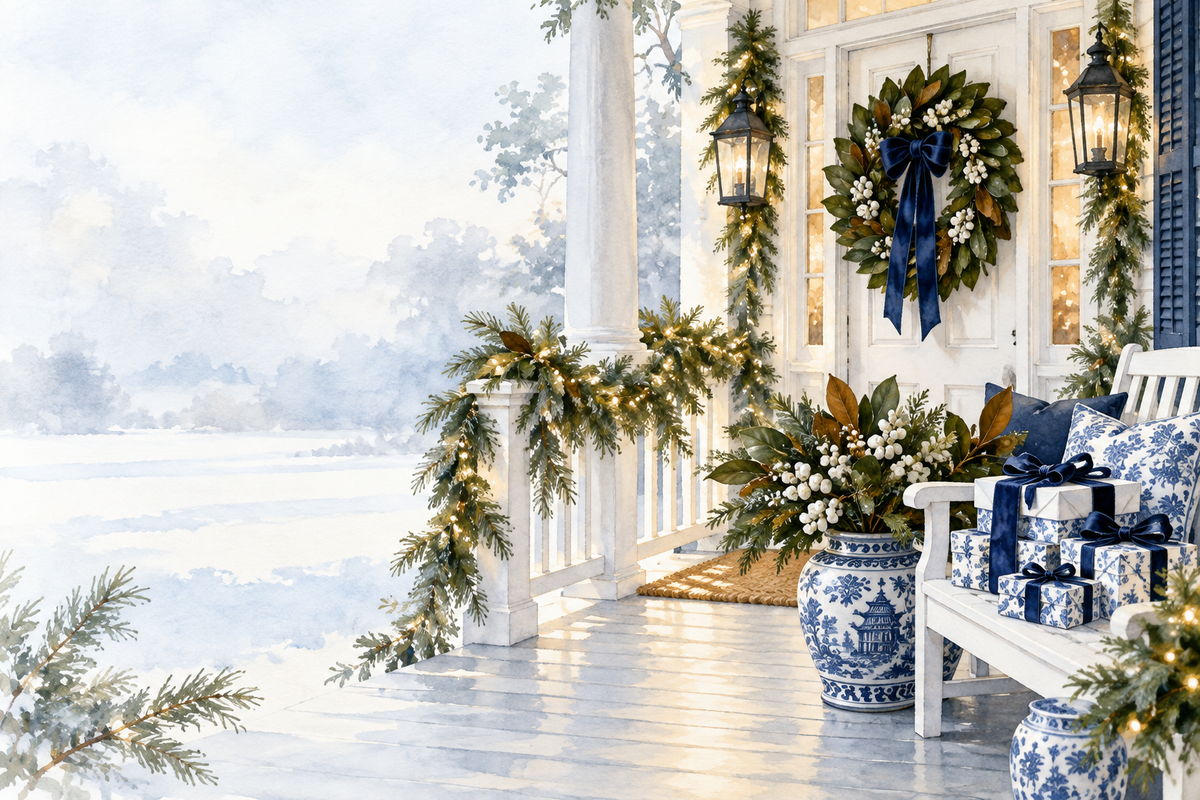 A Southern front porch dressed for Christmas in blue and white, with a magnolia wreath, pine garland with white lights, a ginger jar of magnolia leaves and gifts wrapped in blue and white paper on a bench
