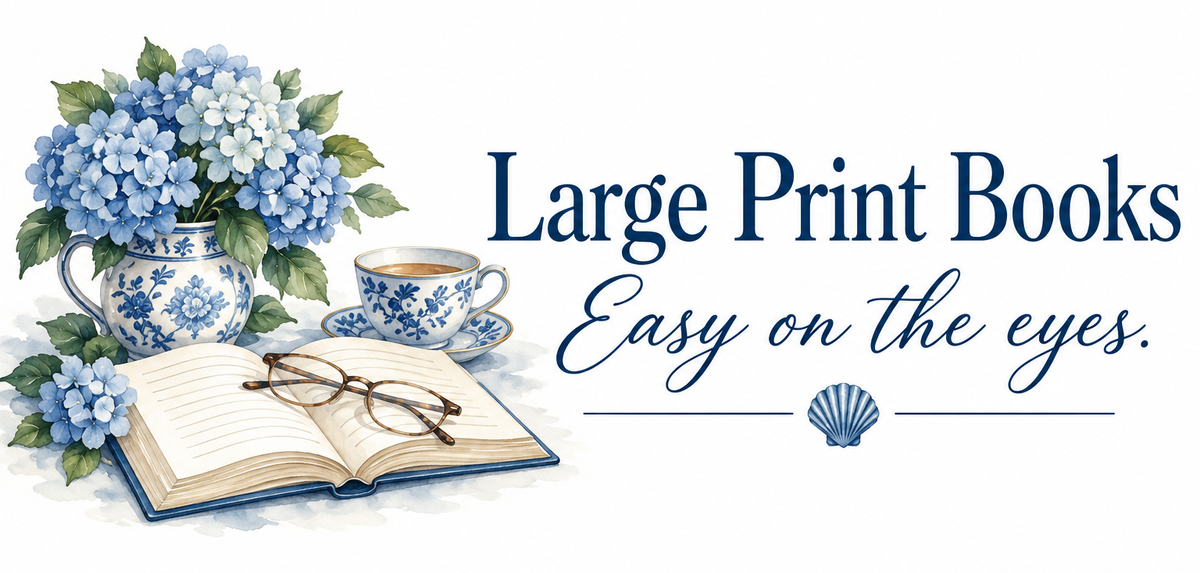 Large Print Books. Easy on the eyes. Reading glasses on an open book beside a teacup and blue hydrangeas