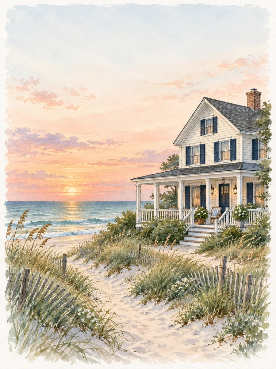 Watercolor imagining the Inn at Seagrove beside the beach at sunset
