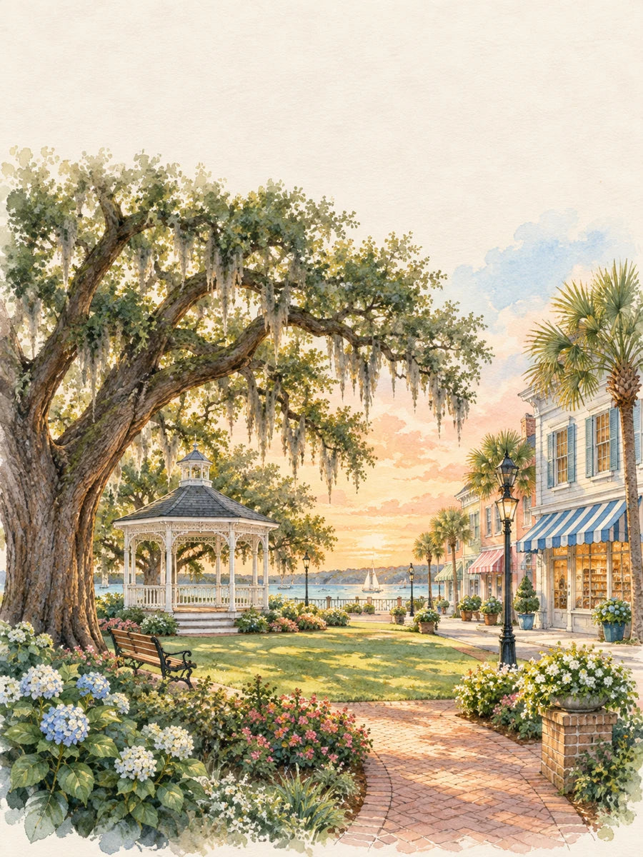Watercolor imagining Seagrove’s welcoming town square, with colorful awnings and a gazebo