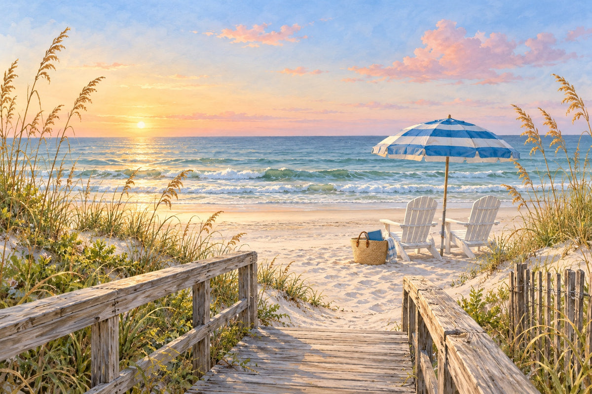 A weathered boardwalk leading to a quiet beach at sunrise, with sea oats, two white chairs under a blue and white striped umbrella and a straw tote with a book