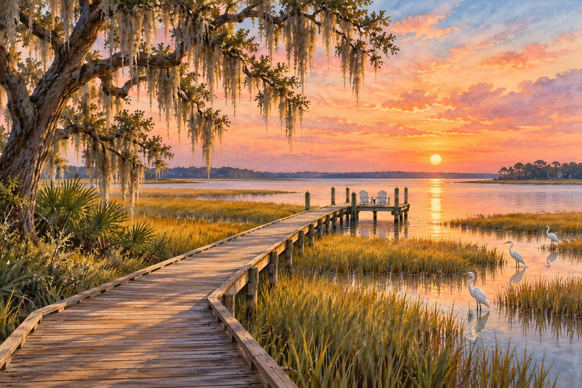 A wooden boardwalk through a Lowcountry salt marsh at sunset, with a live oak draped in Spanish moss, a dock with two white chairs and egrets in the water