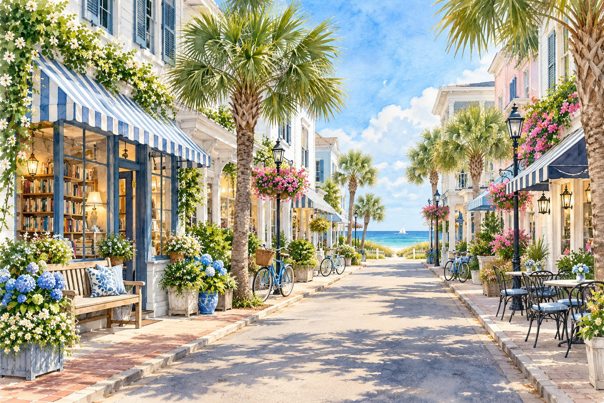 The main street of a small South Carolina beach town, with a bookshop under a blue striped awning, palmetto trees, bicycles, cafe tables and the ocean at the end of the street