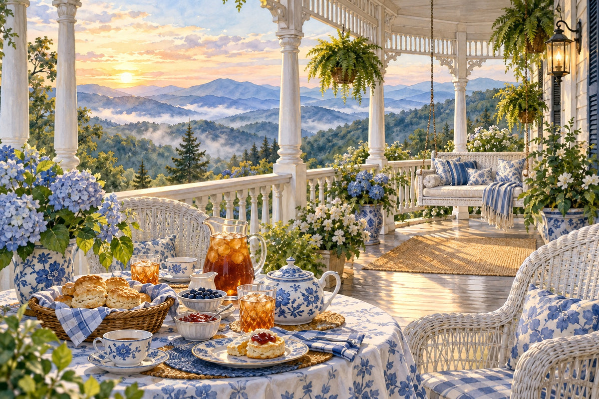 Breakfast on the wraparound porch of a white Victorian bed and breakfast, with a pitcher of sweet tea, biscuits, a blue and white teapot, hydrangeas and a porch swing above misty mountains