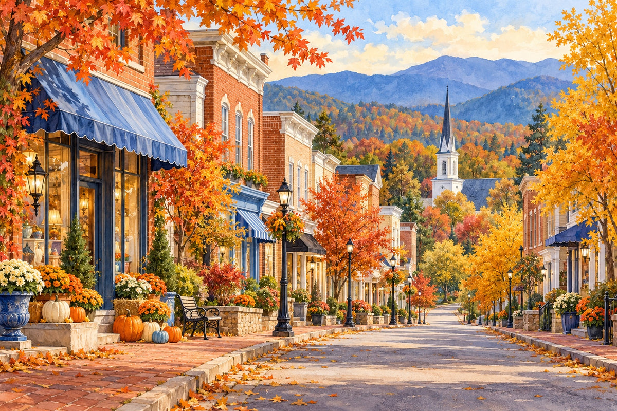 A small North Georgia mountain town in fall, with brick storefronts, a white church steeple, orange and gold maples and pumpkins by a shop door