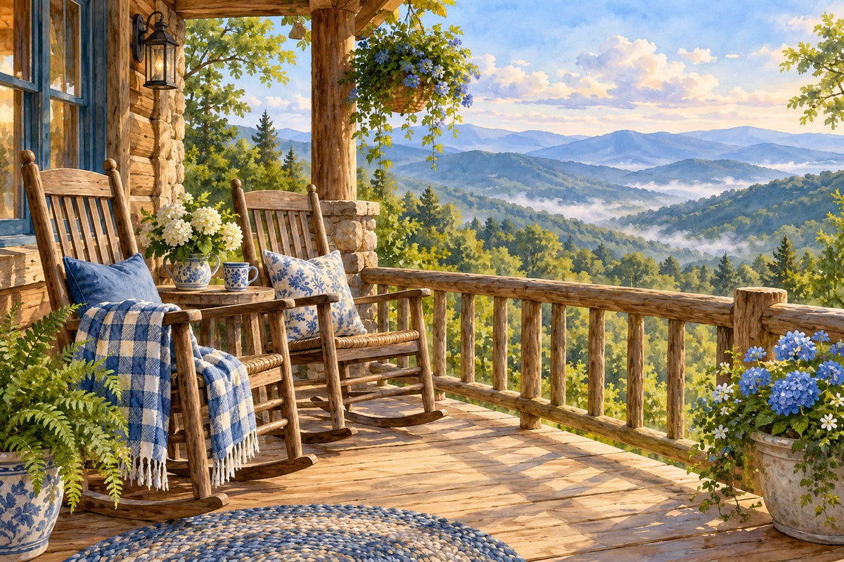 Two rocking chairs on a log cabin porch with a blue and white checked blanket, hydrangeas and a wide view of the Blue Ridge Mountains