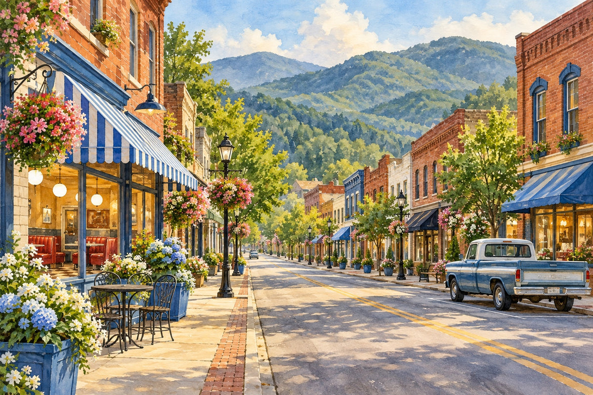 The main street of a small Blue Ridge Mountain town, with brick storefronts, hanging flower baskets, a diner under a striped awning and a pickup truck at the curb
