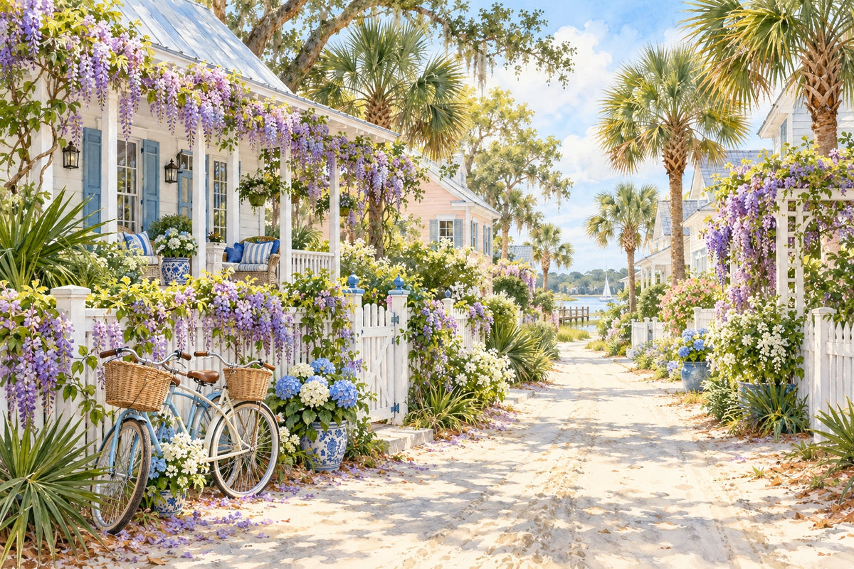 A sandy island lane lined with white cottages and picket fences covered in purple wisteria, with palmetto trees and two bicycles leaning on a gate